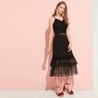 Romwe Dot Jacquard Mesh Overlay Tiered Skirt