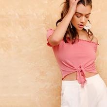 Romwe Frill Trim Knotted Hem Textured Crop Top