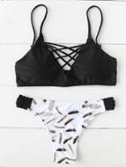 Romwe Feather Print Criss Cross Front Bikini Set
