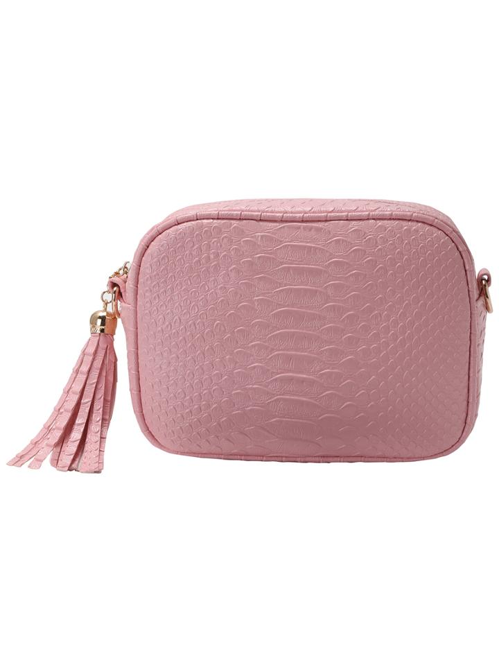 Romwe Pink Crocodile Embossed Pu Fringe Bag