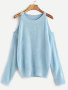 Romwe Light Blue Cold Shoulder Loose Sweater