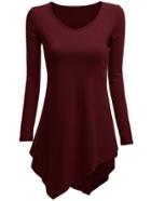 Romwe V Neck Asymmetrical Burgundy Dress