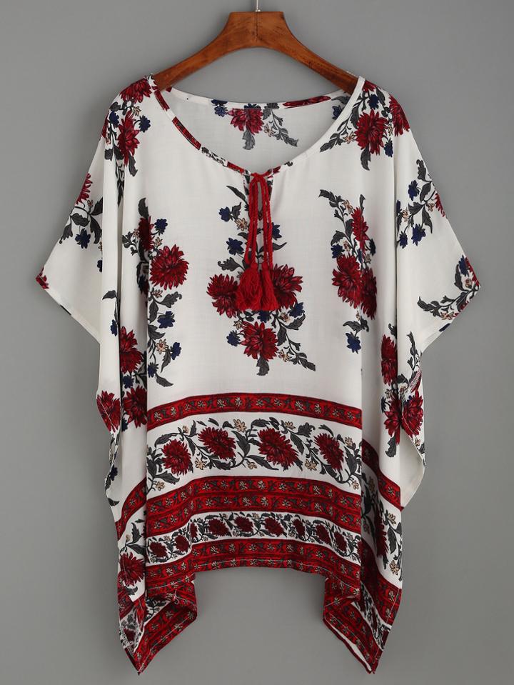 Romwe White Flower Print Tassel Tie Neck Poncho Blouse
