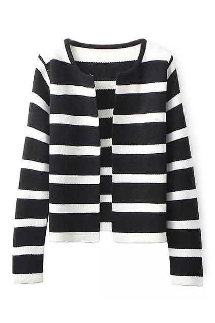 Romwe Striped Open Front Black Cardigan
