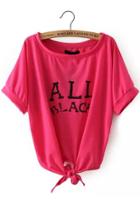 Romwe Knotted Letter Print Red T-shirt