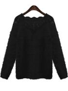 Romwe Lace Insert Black Sweater