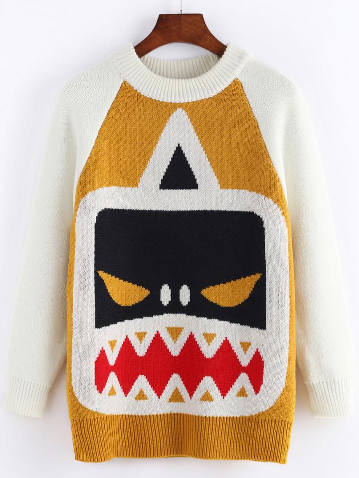 Romwe Raglan Sleeve Monster Print Sweater