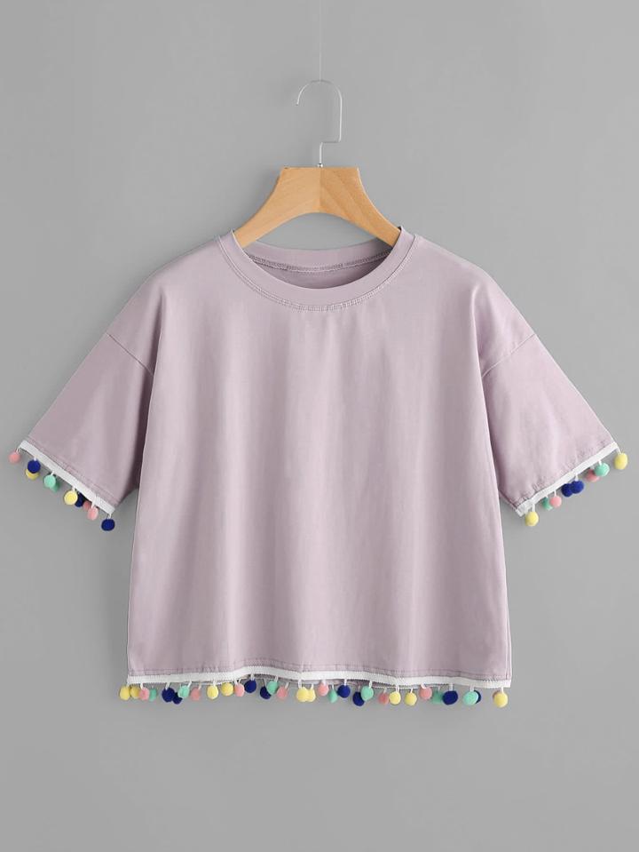 Romwe Contrast Pom Pom Trim Tee