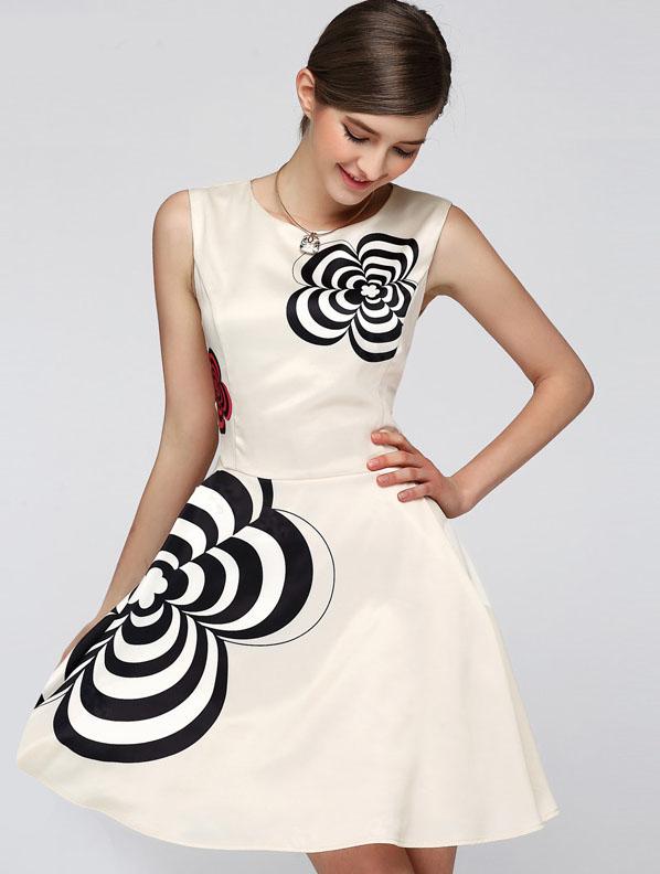Romwe Apricot Round Neck Sleeveless Floral Dress