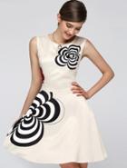 Romwe Apricot Round Neck Sleeveless Floral Dress