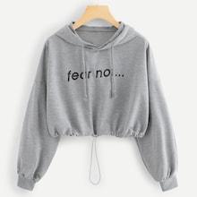 Romwe Drawstring Letter Print Hoodie Sweatshirt