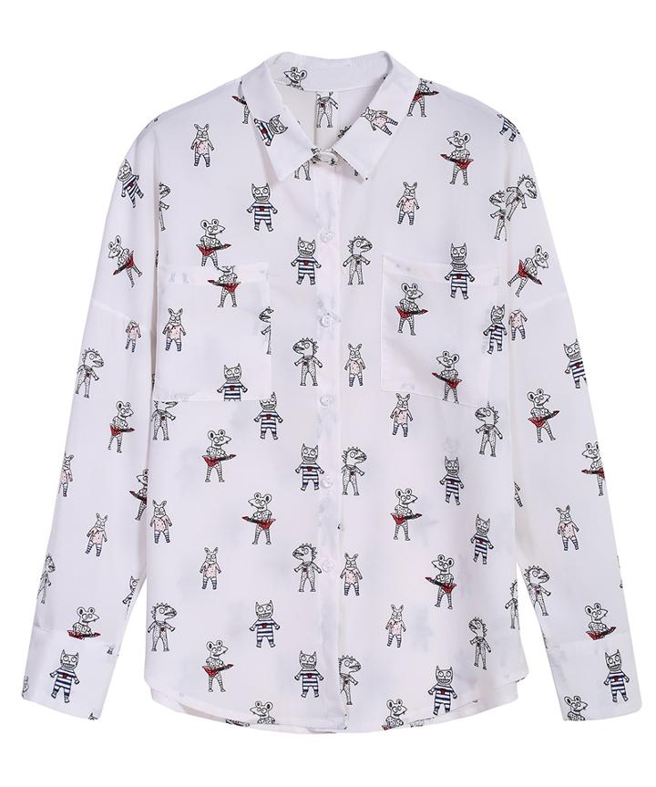 Romwe Cartoon Print Pockets Loose White Blouse