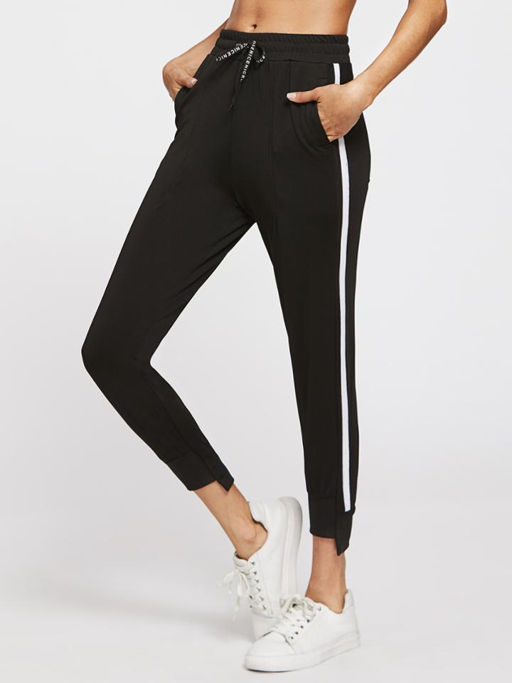 Romwe Side Striped Drawstring Waist Raw Cut Ankle Pants