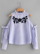 Romwe Pinstriped Open Shoulder Tie Detail Embroidery Blouse
