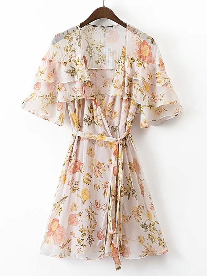 Romwe Bell Sleeve Tie Waist Layered Dress