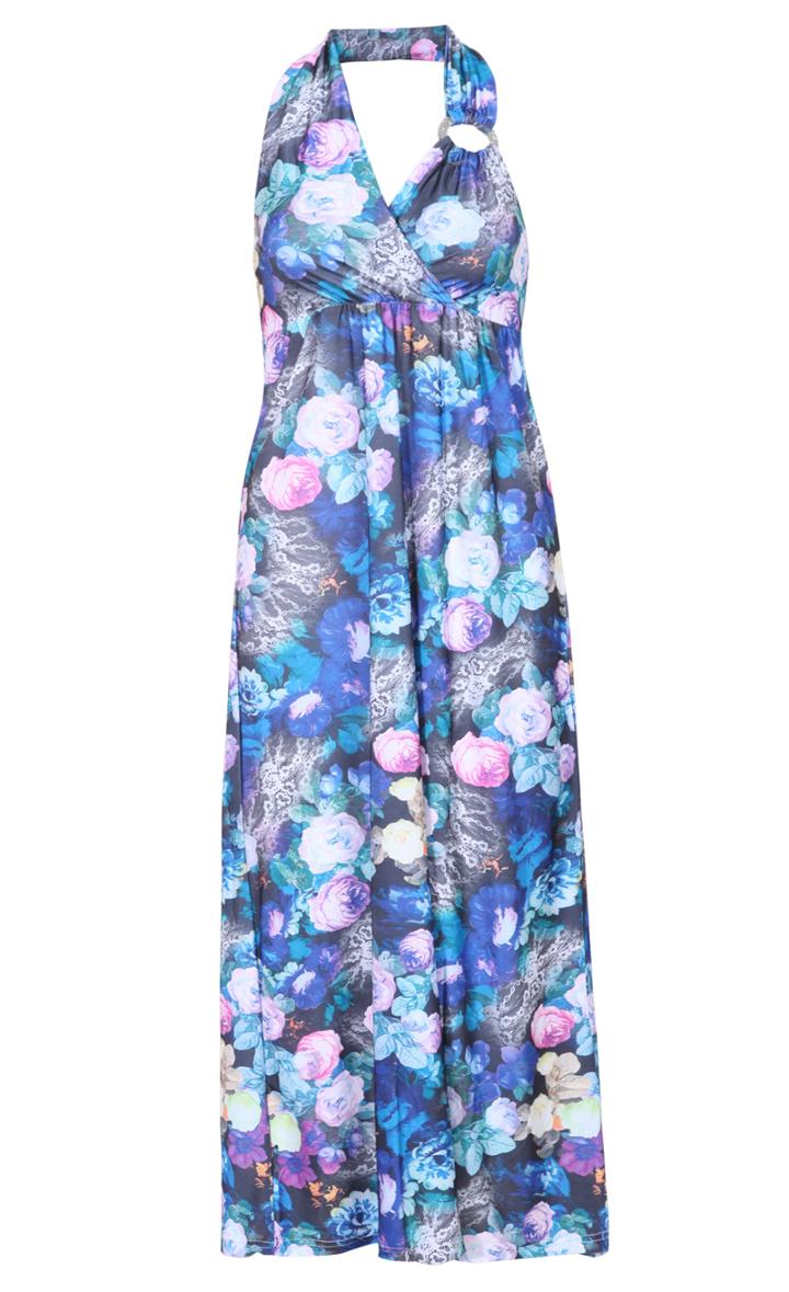 Romwe Halter Floral Maxi Blue Dress