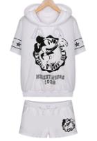Romwe Hooded Mickey Print Top With Drawstring White Shorts