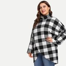Romwe Plus Plaid Overlap Mock Collar Tee