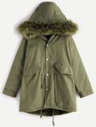 Romwe Green Faux Fur Trim Drawstring Fleece Inside Hooded Coat