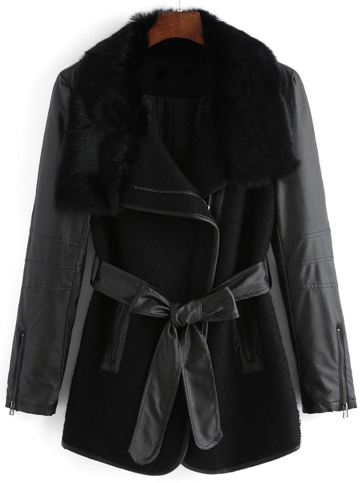 Romwe Contrast Pu Lapel Zipper Belt Coat