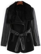 Romwe Contrast Pu Lapel Zipper Belt Coat
