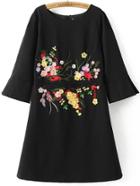 Romwe Black Flower Embroidery Bell Sleeve Dress