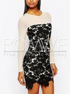 Romwe Apricot Black Long Sleeve With Lace Dress