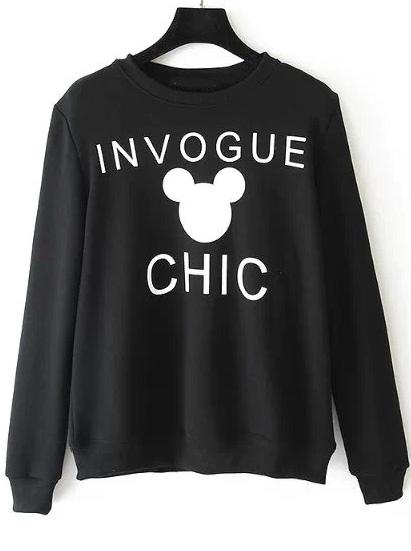 Romwe Black Round Neck Invogue Chic Print Sweatshirt