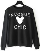 Romwe Black Round Neck Invogue Chic Print Sweatshirt