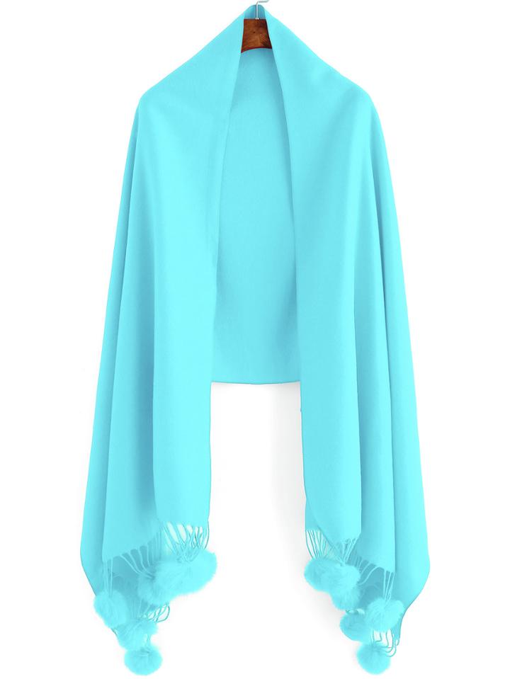 Romwe Blue Plain Pom Pom Scarf