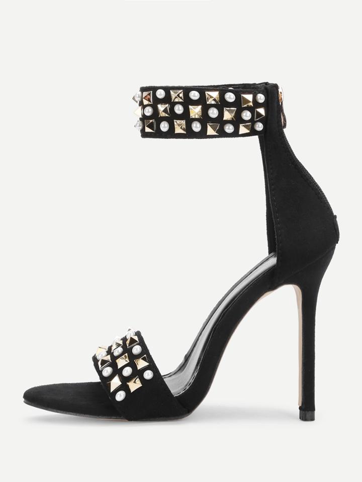 Romwe Studded & Faux Pearl Decorated Heeled Sandals