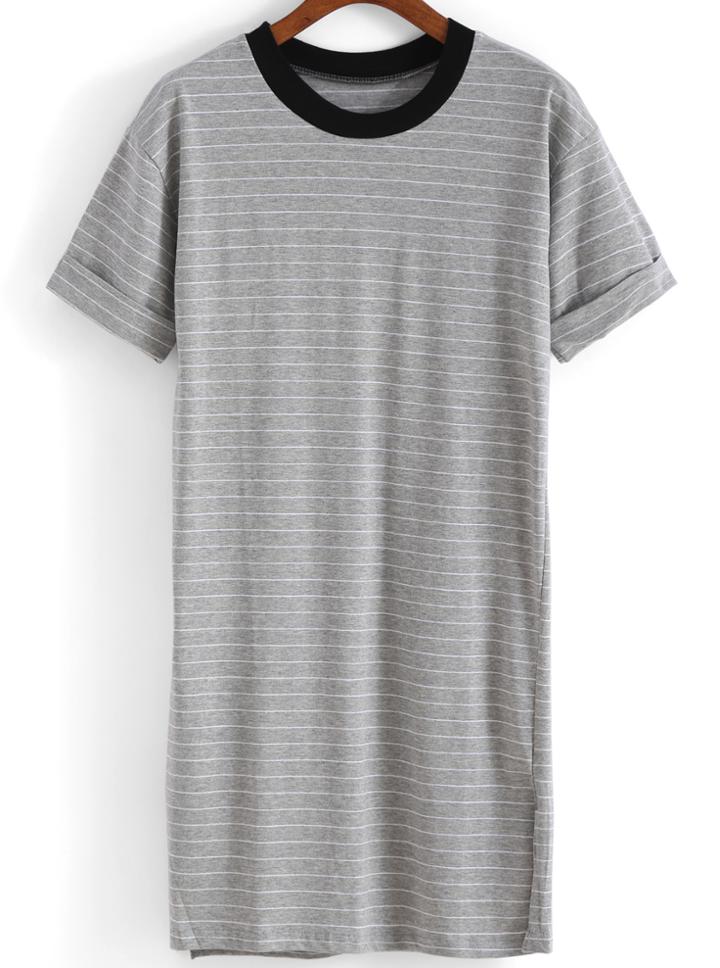 Romwe Striped Long Grey T-shirt