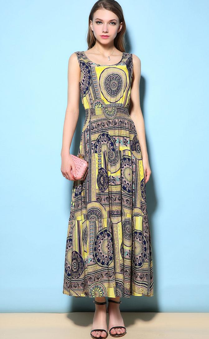 Romwe Sleeveless With Buttons Vintage Print Dress