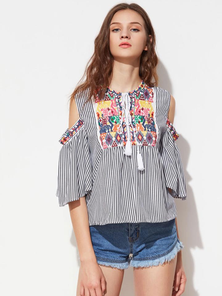 Romwe Embroidery Open Shoulder Tassel Tie Top