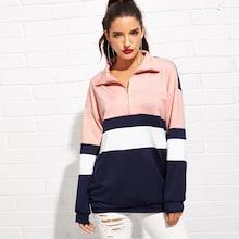 Romwe Colorblock Zip-front Drop Shoulder Sweatshirt