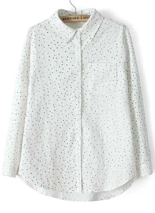 Romwe White Lapel Floral Pocket Loose Blouse