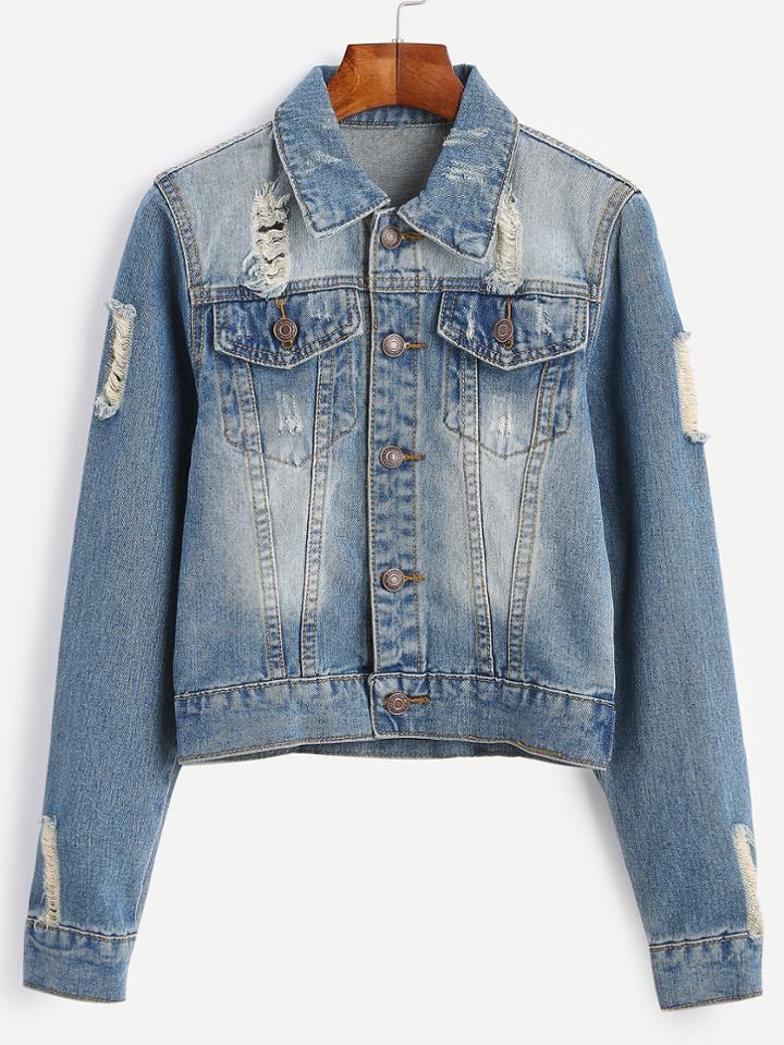 Romwe Blue Ripped Crop Denim Jacket
