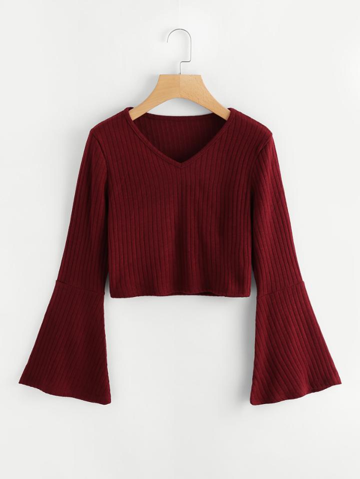 Romwe Fluted Sleeve V Neckline Ribbed Knit Top
