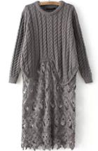 Romwe Contrast Lace Cable Knit Grey Dress