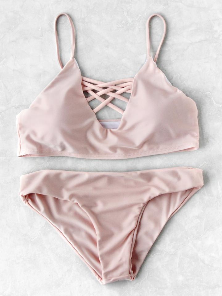 Romwe Criss Cross V Neck Bikini Set