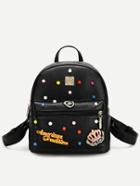 Romwe Black Pebbled Pu Front Zipper Studded Backpack