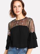 Romwe Embroidered Mesh Shoulder Ruffle Sleeve Top