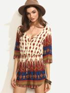 Romwe Multicolor Tribal Print Elastic Waist Half Sleeve Romper