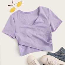 Romwe Ribbed Knit Crossover Crop Tee