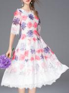 Romwe White Print Contrast Lace A-line Dress