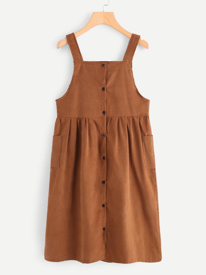 Romwe Dual Pocket Single Breasted Pleated Dress