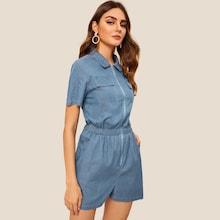 Romwe Zip Front Flap Pocket Denim Romper