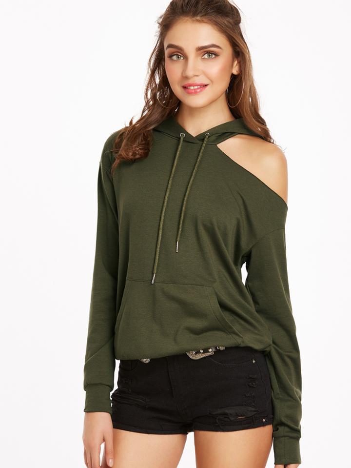 Romwe Olive Green Cutout Shoulder Pocket Front Hoodie