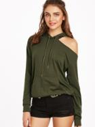 Romwe Olive Green Cutout Shoulder Pocket Front Hoodie