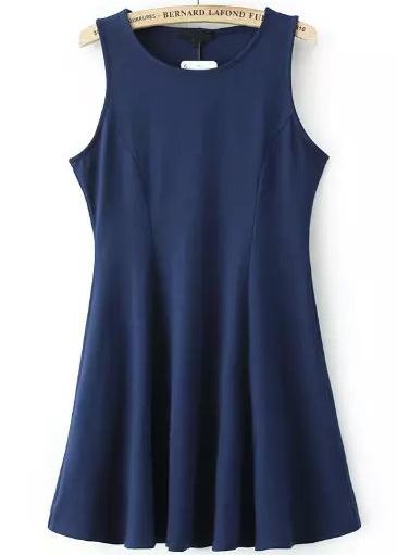 Romwe Navy Round Neck Sleeveless Pleated Dress